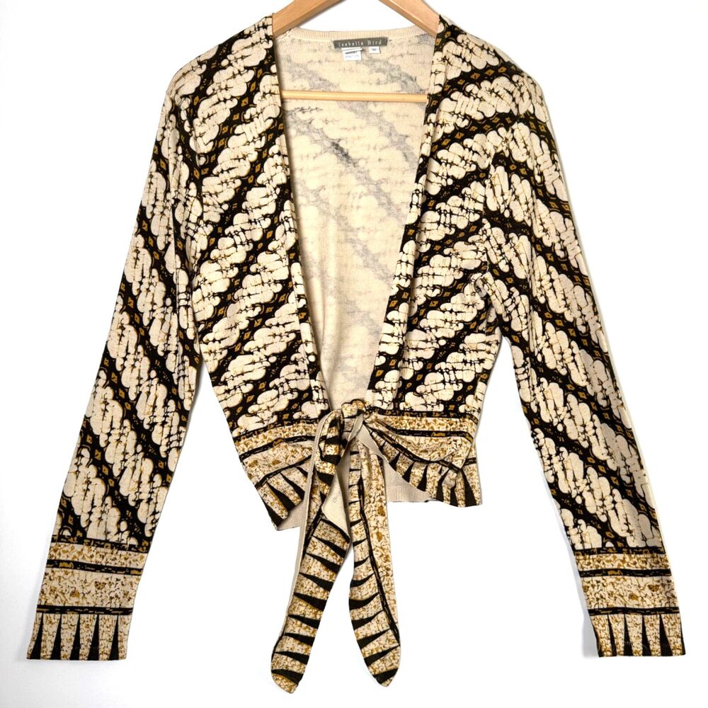 Isabella Bird Anthropologie Silk Tie Front Blouse Womens Small Beige Black Top‎